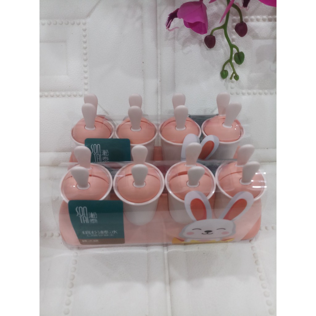 Sét khuôn 4 hộp (8 ngăn) làm kem - khuôn làm kem que, kem tươi bằng nhựa cao cấp hình tai thỏ cực kỳ dễ thương