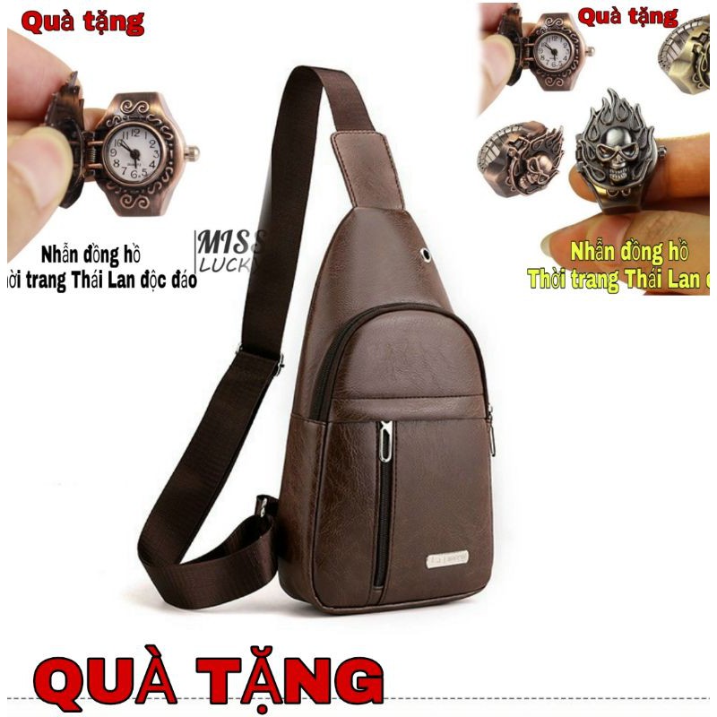COMBO  Túi da đeo chéo nam nữ xịn sò tặng kèm nhẫn đồng hồ thời trang Thái Lan độc đáo