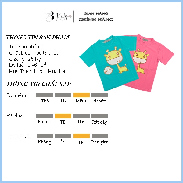 Áo Thun Ngắn Tay Cho Bé BB Kids In Hình Chú Hươu Cao Cổ Chất Liệu Cotton 100% Co Giãn 4 Chiều