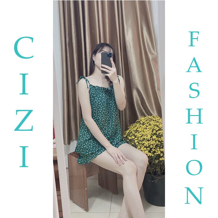 Bộ mặc nhà 2 dây xếp ly ngực hoa nhí lanh lụa CiZi