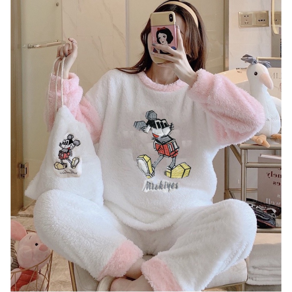 Bộ mặc nhà nữ, bộ ngủ nữ hình chuột Mickey lông 2 mặt kèm túi đựng xinh xắn chất đẹp, thoáng hút mồ hôi