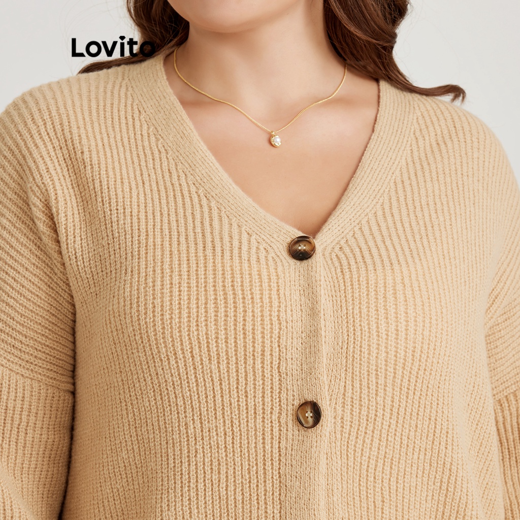 Áo cardigan Lovito plus size màu trơn có nút độ đàn hồi cao phong cách thường ngày LPS02062 (màu kaki)
