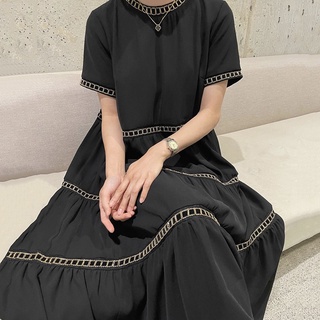 (ORDER) Váy cộc tay màu đen phối nhiều viền thêu chỉ , xòe dài sang trọng cổ điển style Hàn Quốc (hàng order hot)