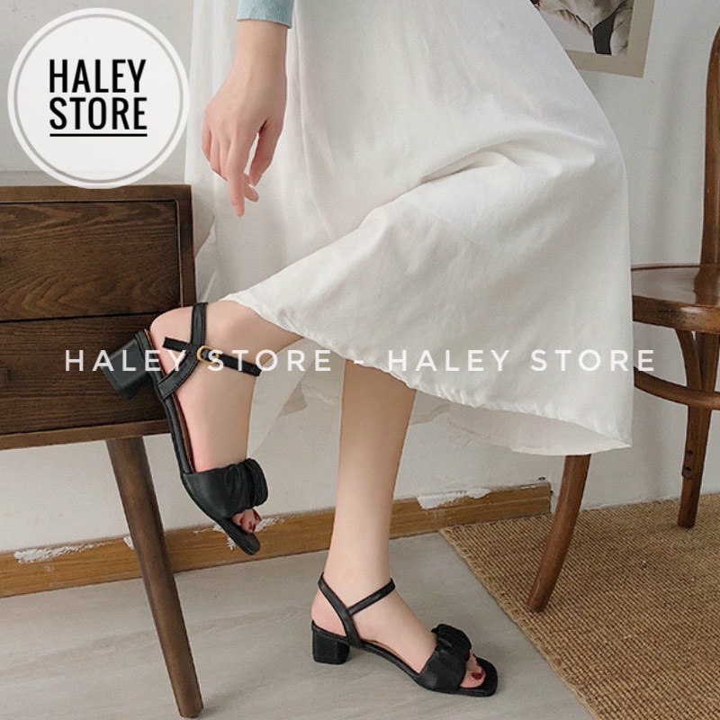 Giày sandal  mnữ quai ngang nhúm nhún mũi vuông gót vuông 5p đi chơi đi tiệc đi làm HALEY STORE