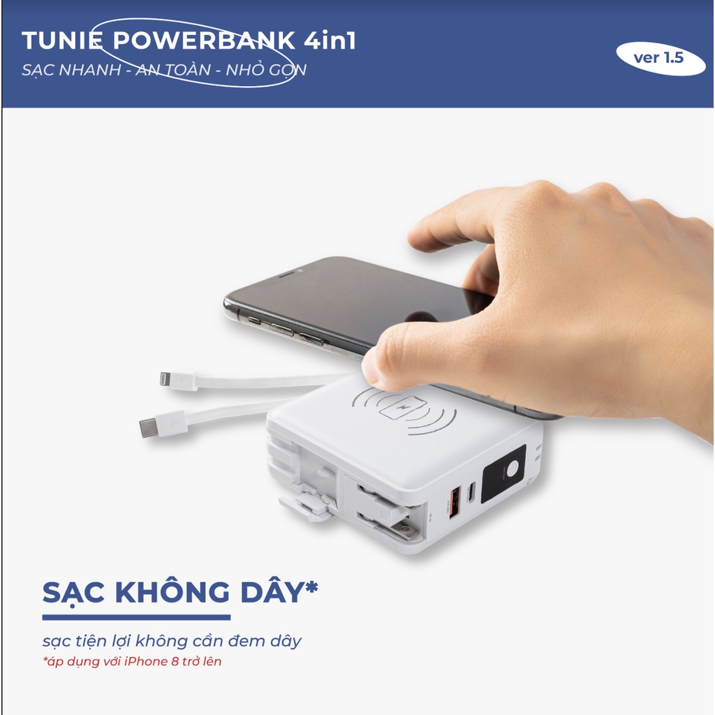 Sạc dự phòng Tunie 4in1 15000mAh hỗ trợ sạc nhanh, kèm cáp sạc, sạc không dây, màn LED hiển thị