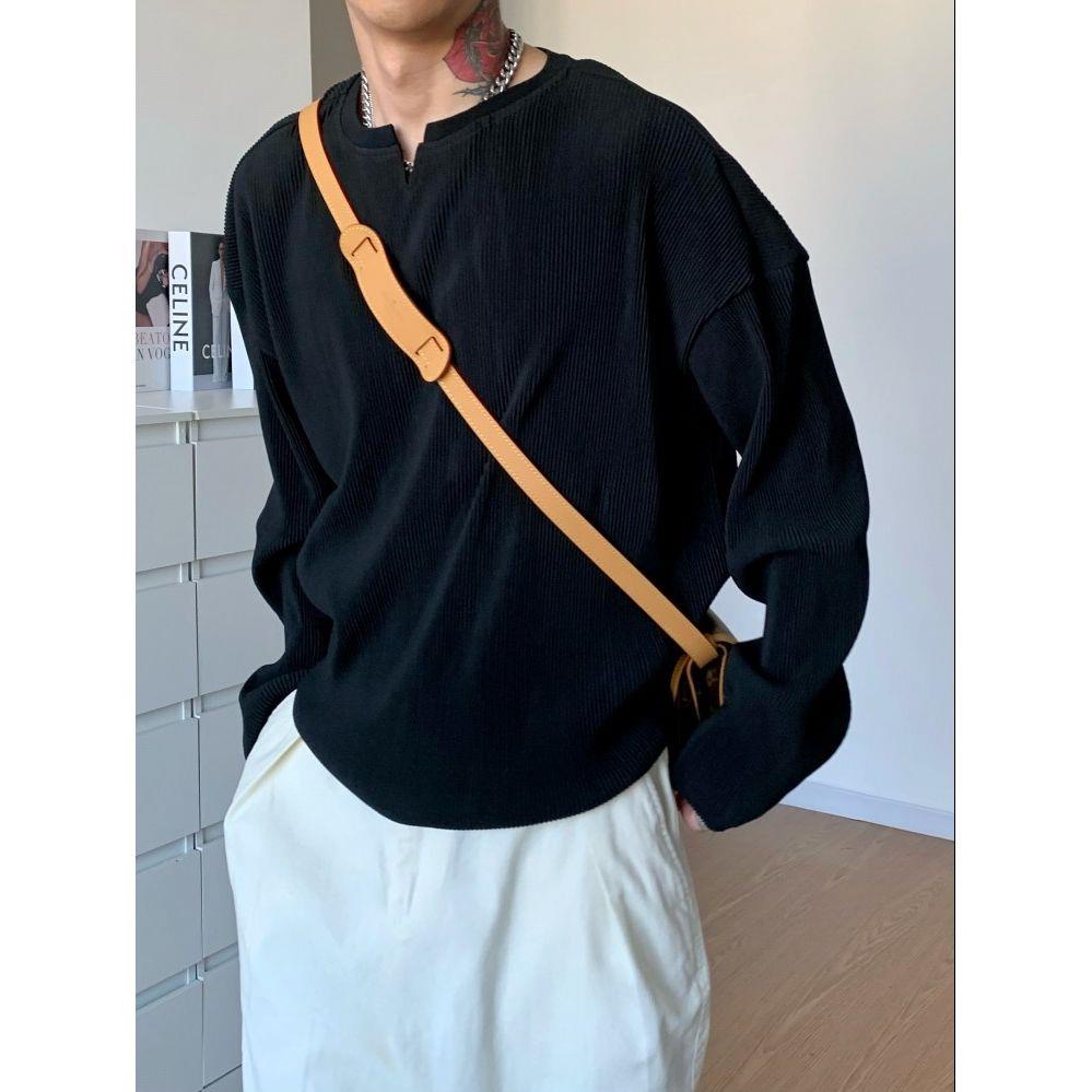 Áo Thun Nam Tay Dài Cổ Chữ v Dáng Rộng Xếp Ly Thời Trang Mùa Hè