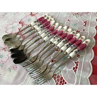 Sỉ 10 thìa dĩa cán sứ ăn hoa quả sáng bóng