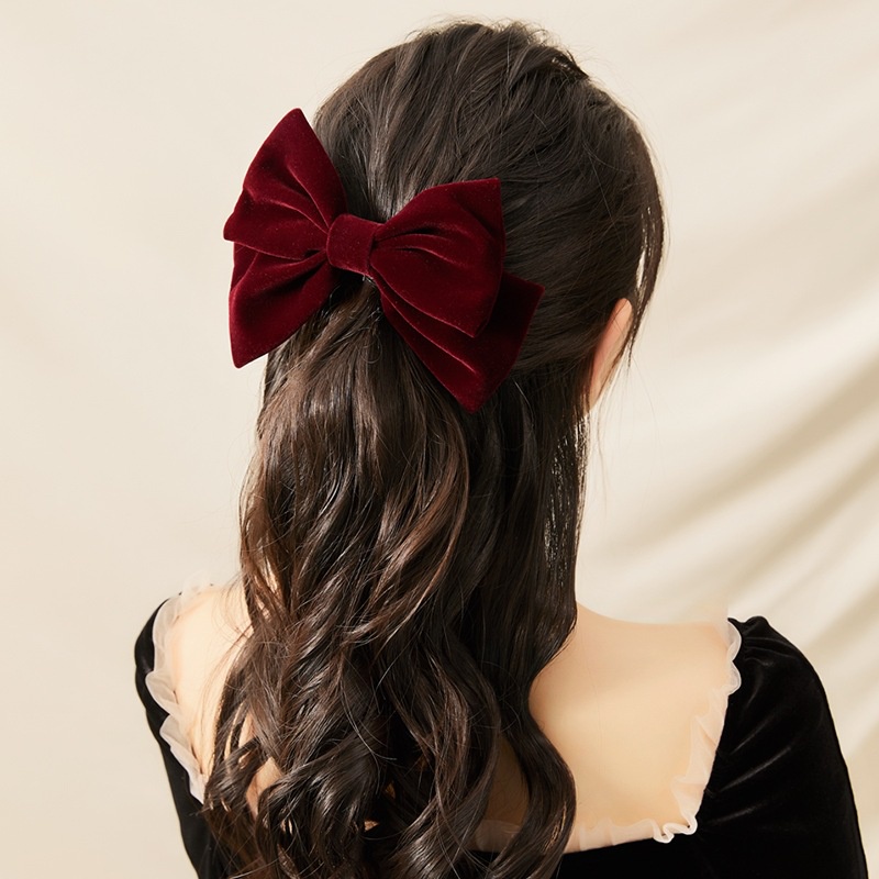 Kẹp tóc đính nơ vải nhung cỡ lớn phong cách vintage xinh xắn dành cho nữ