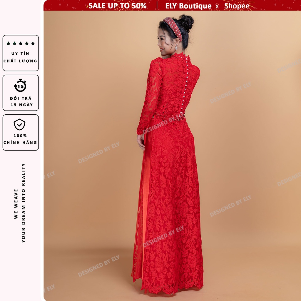 Áo dài cưới ELY Boutique, áo dài đỏ đính kết cổ cách điệu, 3 lớp 6 tà cách điệu