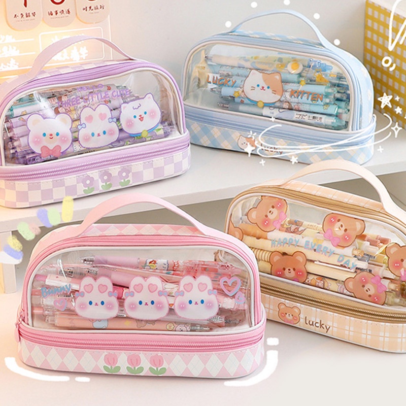 Túi Đựng Bút Hai Lớp Trong Suốt Chống Thấm Nước Có Khóa Kéo Họa Tiết Hoạt Hình Dễ Thương