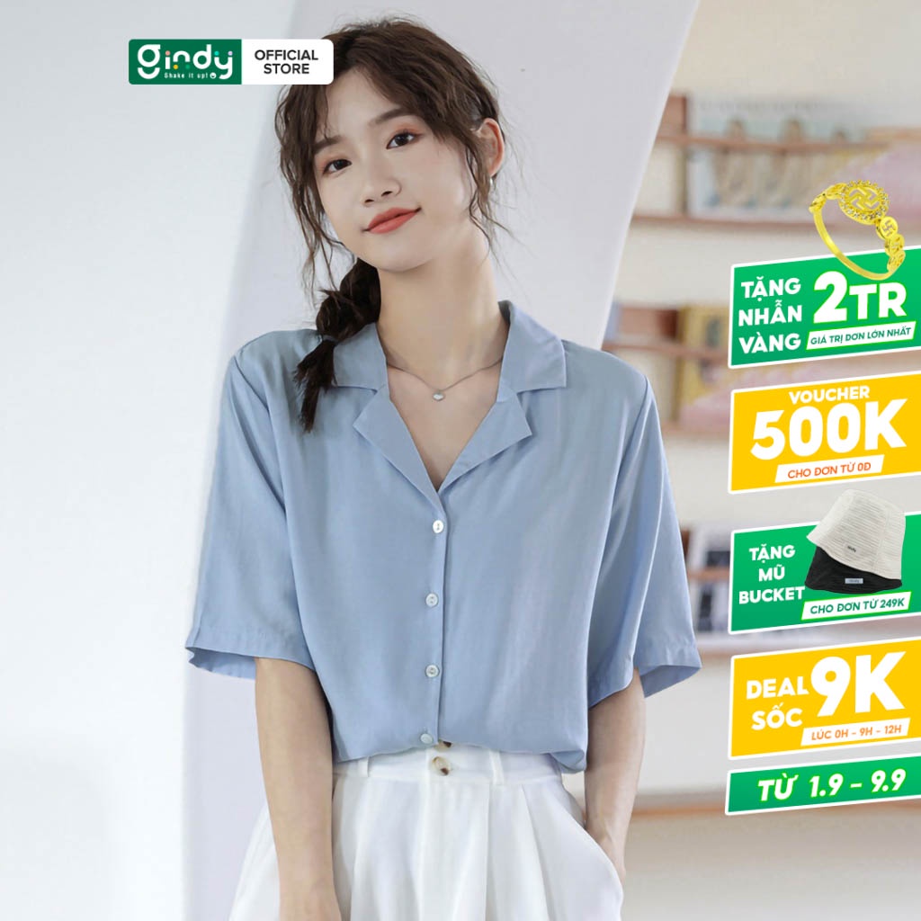 Áo sơ mi công sở nữ đẹp kiểu Hàn Quốc form rộng tay ngắn chất lụa cao cấp màu Trắng Vàng Xanh GINDY A5145