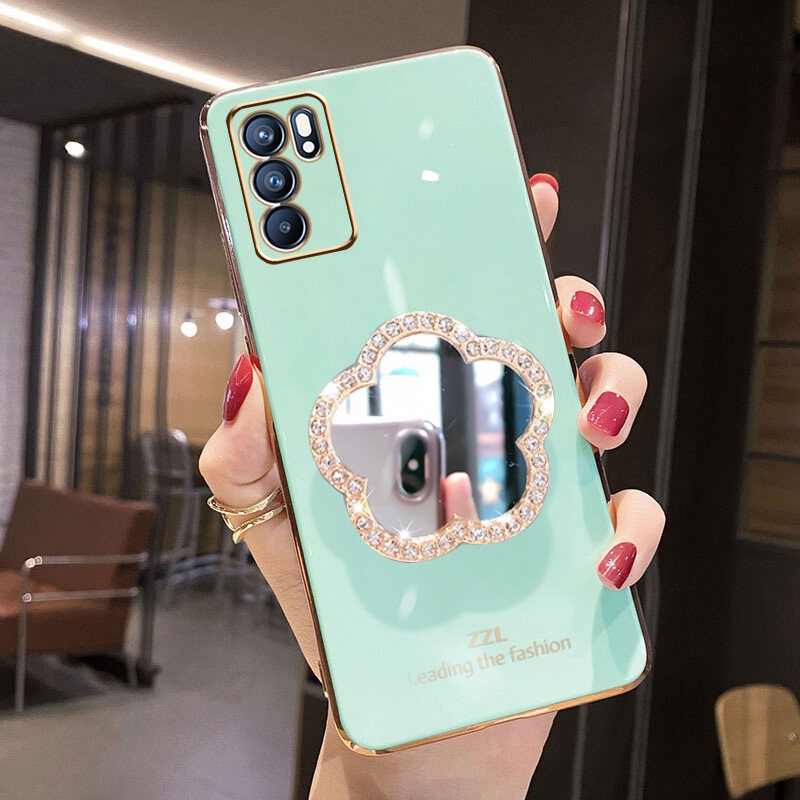 Ốp Điện Thoại Mềm Tráng Gương Trang Điểm Họa Tiết Hoa Đính Đá Lấp Lánh Sang Trọng Cho OPPO Reno 6Z 5G