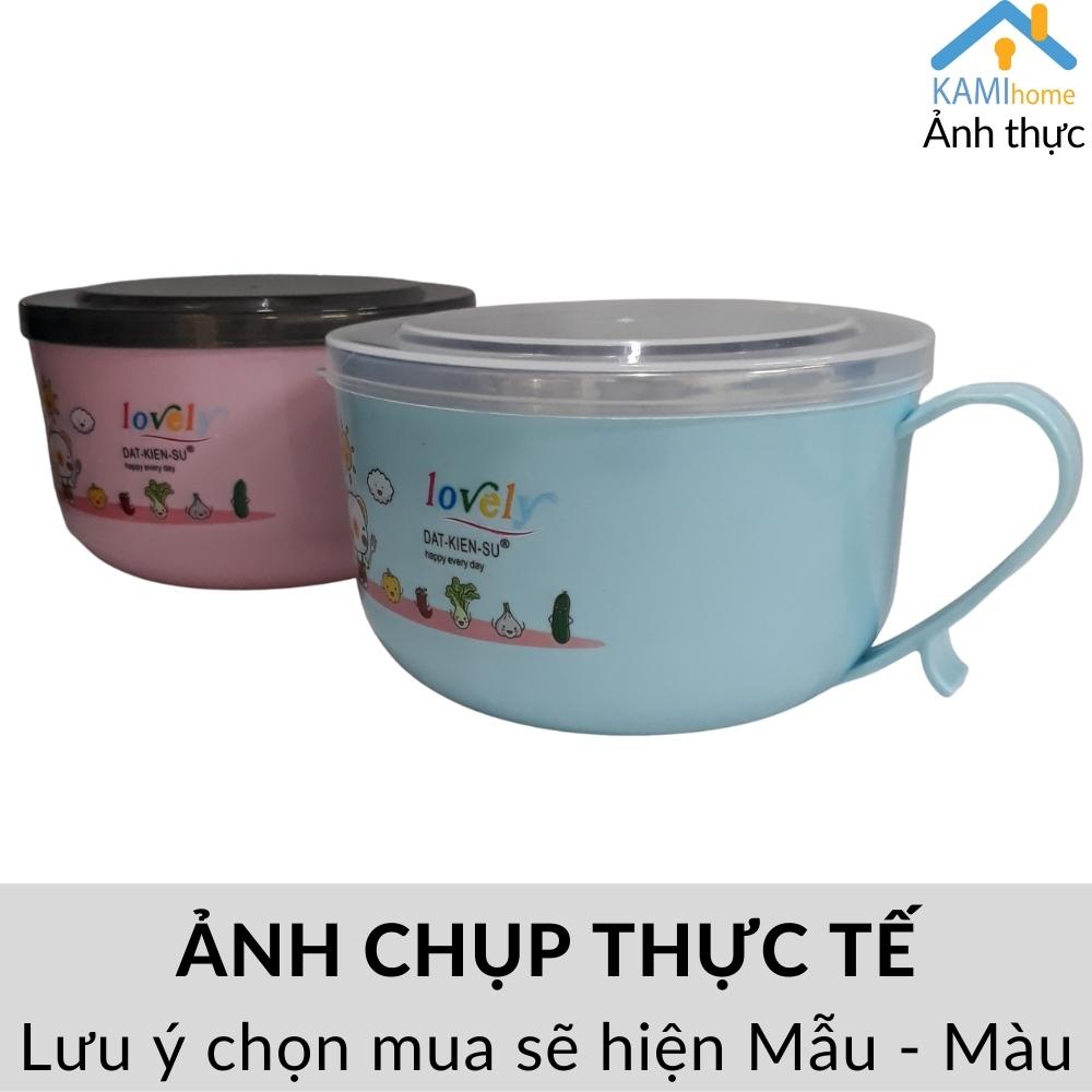 Bát ăn mì có nắp 2 lớp Inox chống nóng lớp ngoài cách nhiệt in hình dễ thương Kami20054