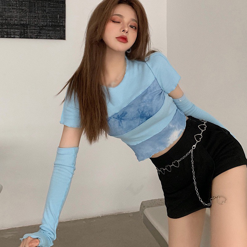 Áo thun cổ tròn tay dài dáng ôm gợi cảm nhuộm màu kiểu tie-dye dành cho bạn nữ