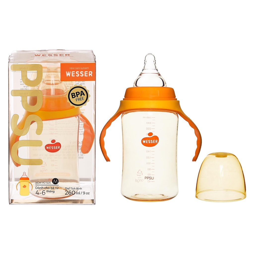 Bình Sữa Wesser 260ml cho bé sơ sinh 6+ tháng tuổi, thiết kế rộng có tay cầm, nhựa PPUS an toàn, mẫu mới Poco Home