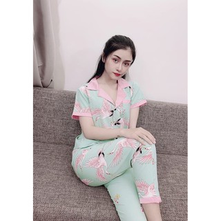Pijama Lụa Cát Phối Màu Cộc Tay Quần Dài Freesize