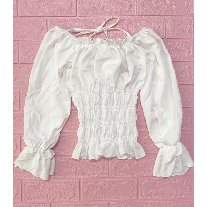 Áo kiểu nhún bo eo kèm dây cột nơ, vải voan đẹp