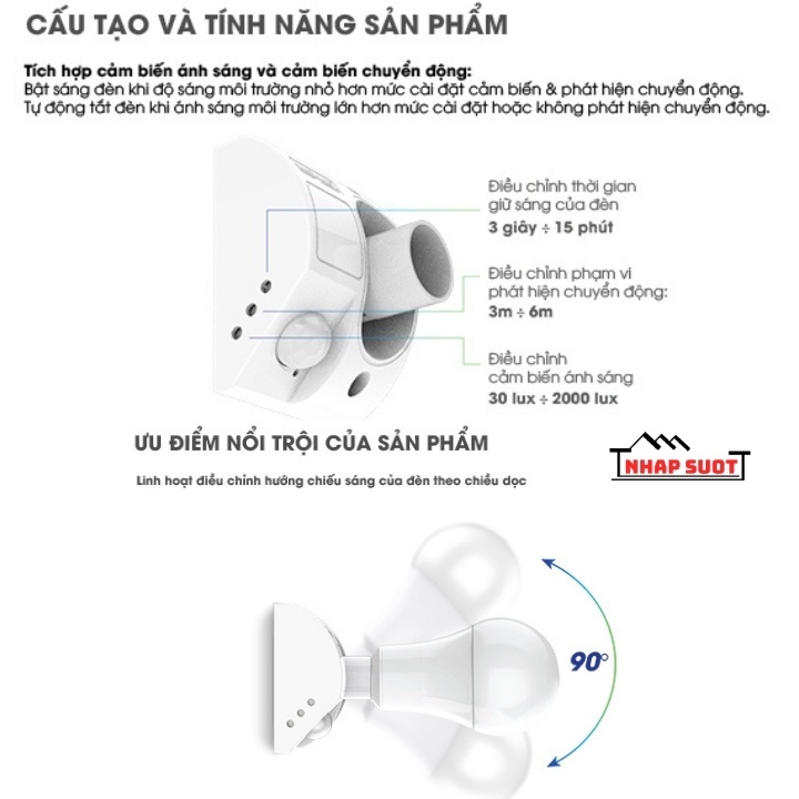 [Chính Hãng] Đui đèn cảm biến Rạng Đông 300w, có thể điều chỉnh góc chiếu sáng, sử dụng cảm biến hồng ngoại (ĐCB01.PIR)