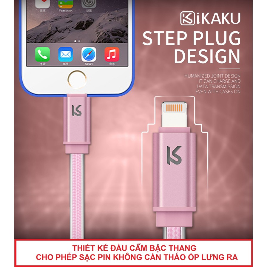 Cáp sạc nhanh tự ngắt khi đầy pin chuẩn Lightning Iphone Ipad - Hãng KAKU - Dây dù 2m - LED báo - USB 2 cạnh