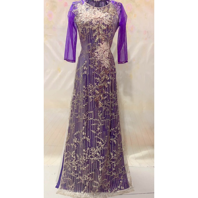 ÁO DÀI CHO MẸ 4 TÀ MÀU TÍM KIM TUYẾN  ẢNH THẬT