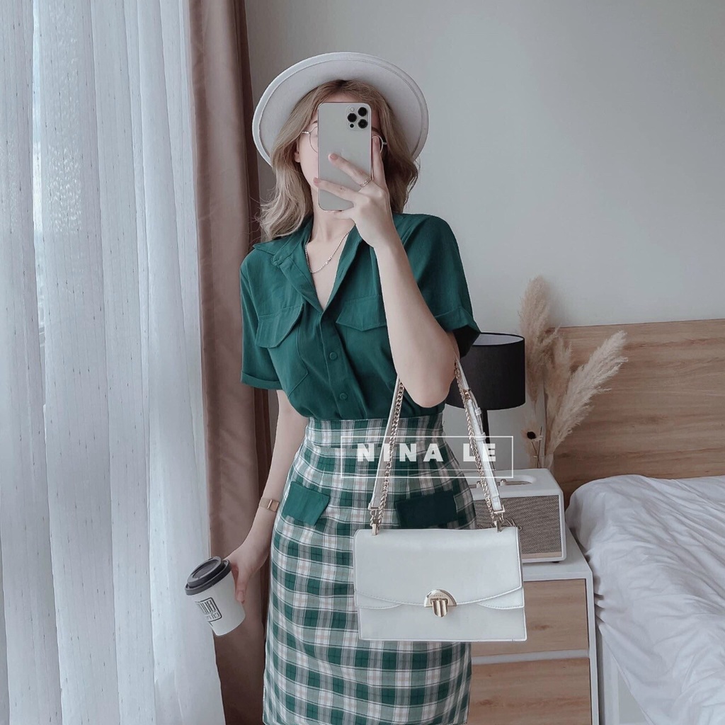 Set váy 2 món áo sơ mi form rộng ngắn tay có khuy kèm chân váy ôm body có túi, chất vải umi cao cấp