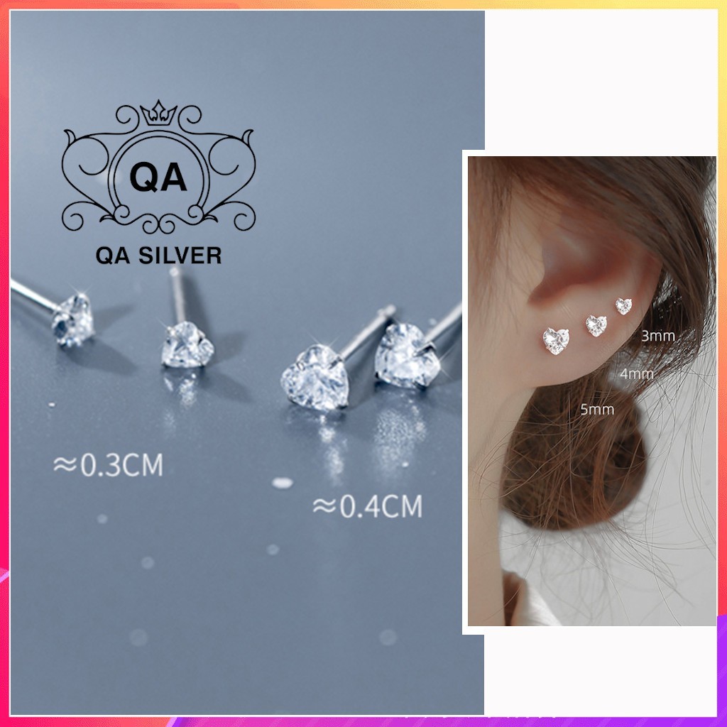 Bông tai bạc trái tim khuyên tai nụ đá zircon nhân tạo tối giản S925 HEART Silver Earrings QA SILVER EA201203