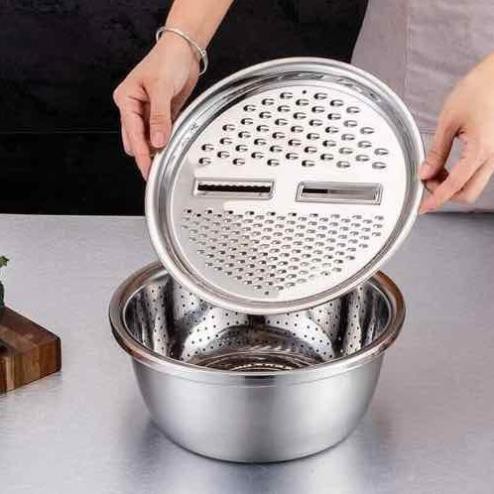 Bộ Rổ Inox Kèm Nạo Rau Củ 3 Chi Tiết-Bộ rổ chậu kèm nạo đa năng tiện lợi