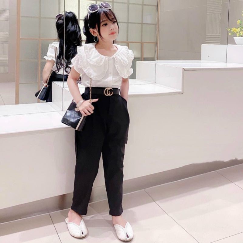 Set Áo Sơ Mi Bèo + Quần Baggy Chất Co Giãn (Tặng kèm thắt lưng) Tiểu Thư Thanh Lịch Cho Bé Gái (10-24kg)