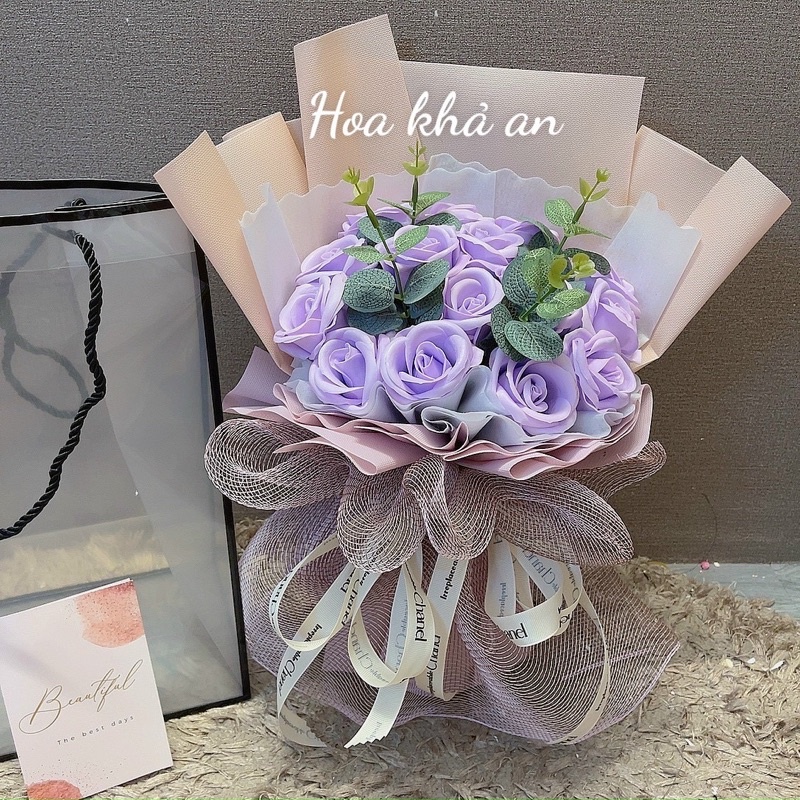 (Combo tặng túi thiệp) Bó hoa sáp 15bông mix lá, bó giấy ko nhăn. Nhiều màu. Ship hoả tốc HN