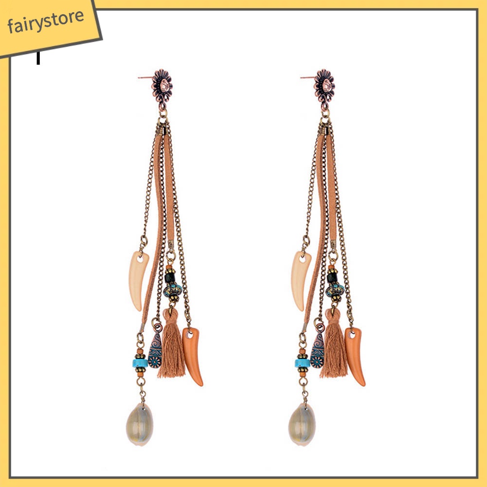 Khuyên Tai Dáng Dài Hình Hoa Hướng Dương Phối Tua Rua Phong Cách Boho