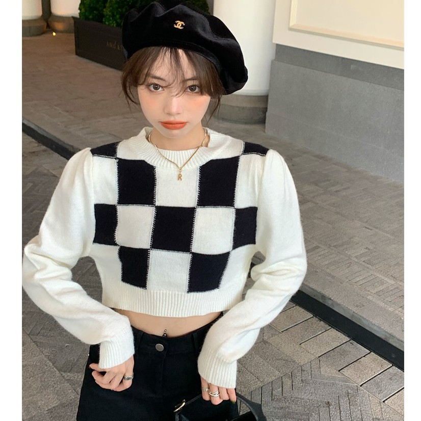 QADCOL Áo Dệt Kim Tay Dài Form Rộng Họa Tiết Sọc Caro Trắng Đen Thời Trang Cá Tính