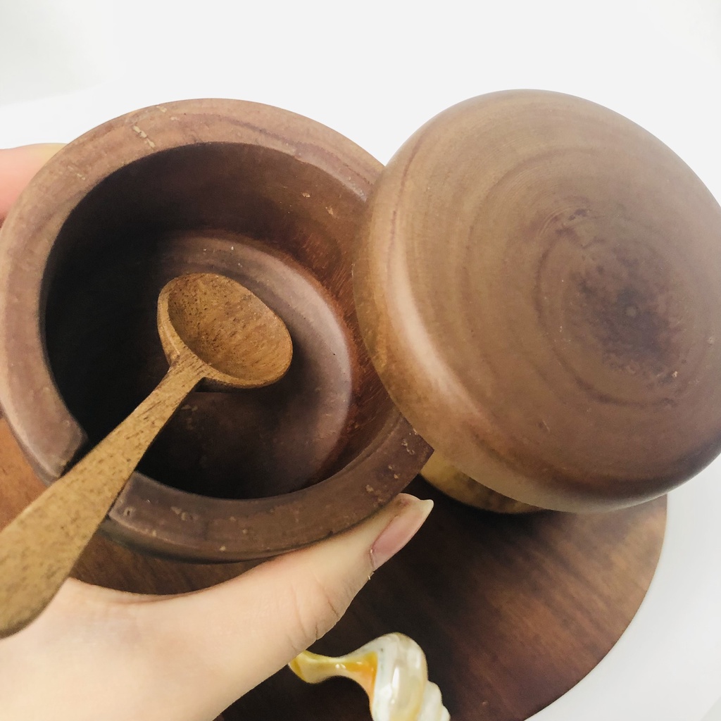 Hũ Đựng Gia Vị Bằng Gỗ Keo Kèm Thìa Có Nắp Xoay, Lọ Gia Vị Kèm Muỗng, Gia Dụng