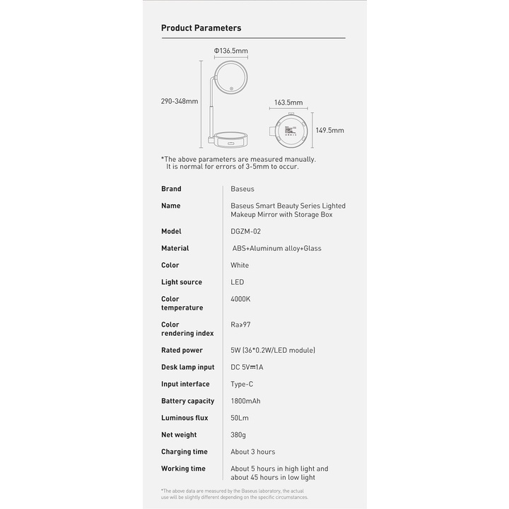 Gương Trang Điểm Baseus Smart Beauty Tích Hợp Đèn Led với hộp lưu trữ Để Bàn Tiện Dụng
