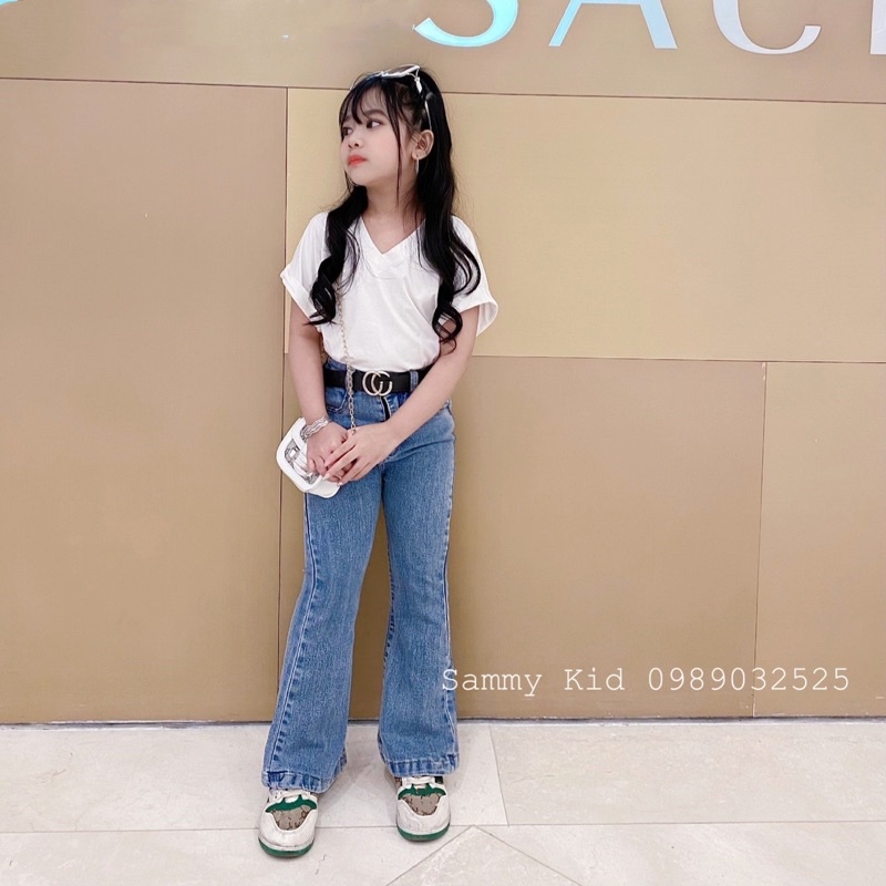 Set áo phông cánh rơi quần bò loeee Không kèm đai cho bé gái 17-41kg sang chảnh, cá tính