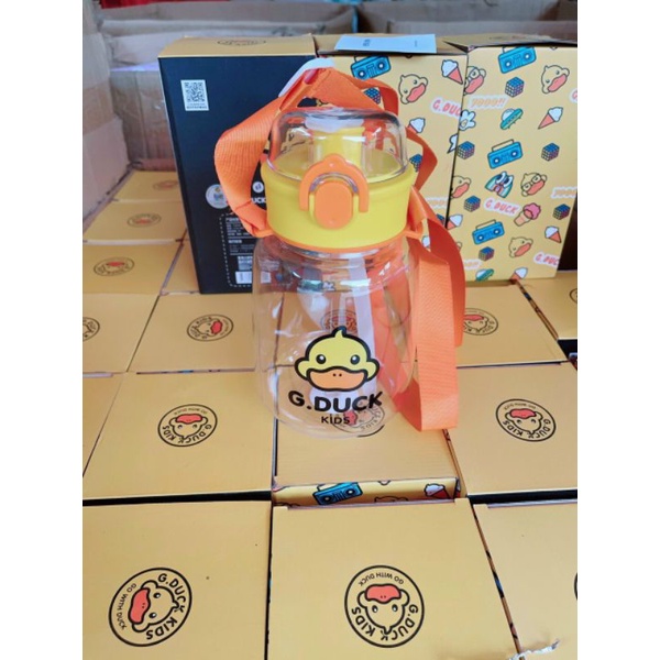 Bình nước cho bé đi học, bình vịt cao cấp, đáng yêu  G Duck, nhựa tritan an toàn, có dây đeo và ống hút, dung tích 400ml