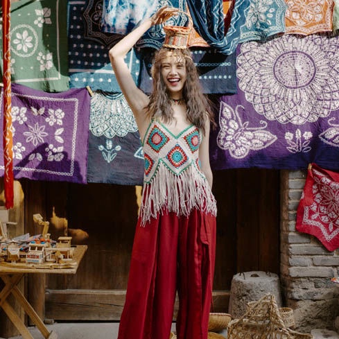 Jiashucheng Dream Horse Áo Vest Dệt Kim Khoét Rỗng Dáng Ngắn Phối Tua Rua Phong Cách Dân Tộc Thích Hợp Đi Nghỉ Mát Mùa Hè