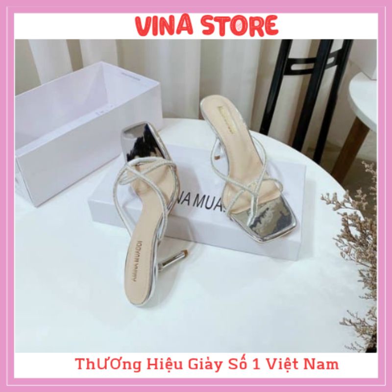 Guốc/Dép cao gót nữ 7p đế nhọn quai kẹp đính đá siêu đẹp mẫu mới hot 2021
