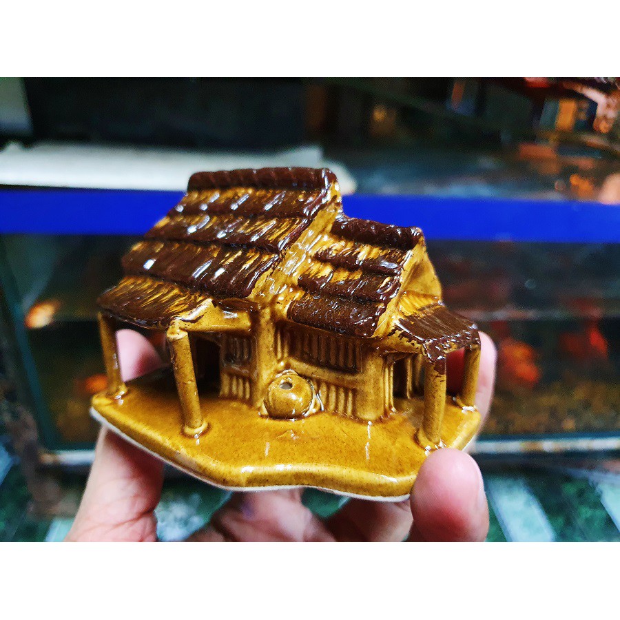 NHÀ LÁ TRÁNG MEN TRANG TRÍ HỒ CÁ NON BỘ 8x6x8cm