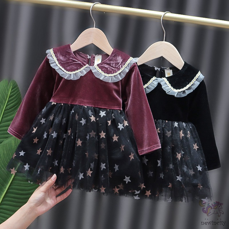 Đầm Tay Dài Phối Lưới Phong Cách Hàn Quốc Cho Bé Gái