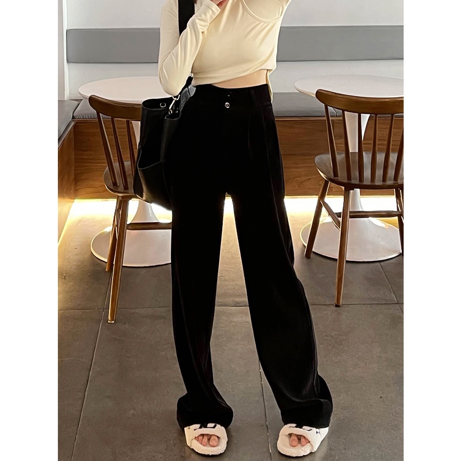 SUXI Quần ống rộng lưng cao màu trơn phong cách Hàn Quốc thời trang cho nữ