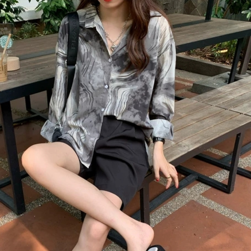 Áo Sơ Mi Tay Dài In Họa Tiết Cá Tính Trẻ Trung Phong Cách Hàn Quốc