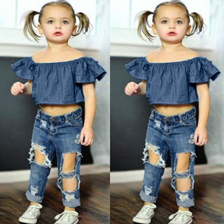 Bộ áo trễ vai + quần jean denim rách cho bé gái