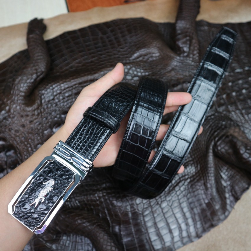 Dây nịt da cá sấu Konavis cao cấp sấu liền nguyên con làm từ phần bụng màu đen bản 4.0 Cm -  CB03-01B