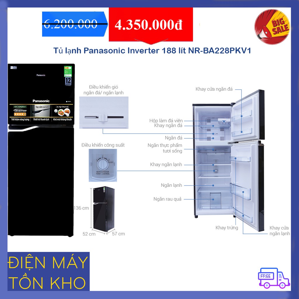 Tủ lạnh Panasonic Inverter 188 lít NR-BA228PKV1