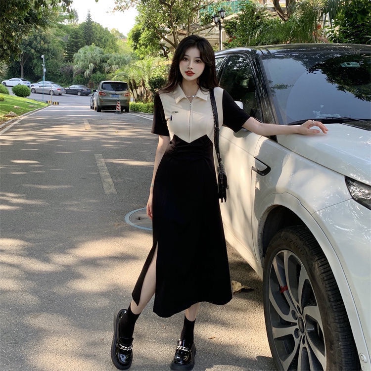 Đầm Tay Ngắn Cổ POLO Màu Sắc Tương Phản Thiết Kế Xẻ Tà Phong Cách Hàn Quốc Cho Nữ