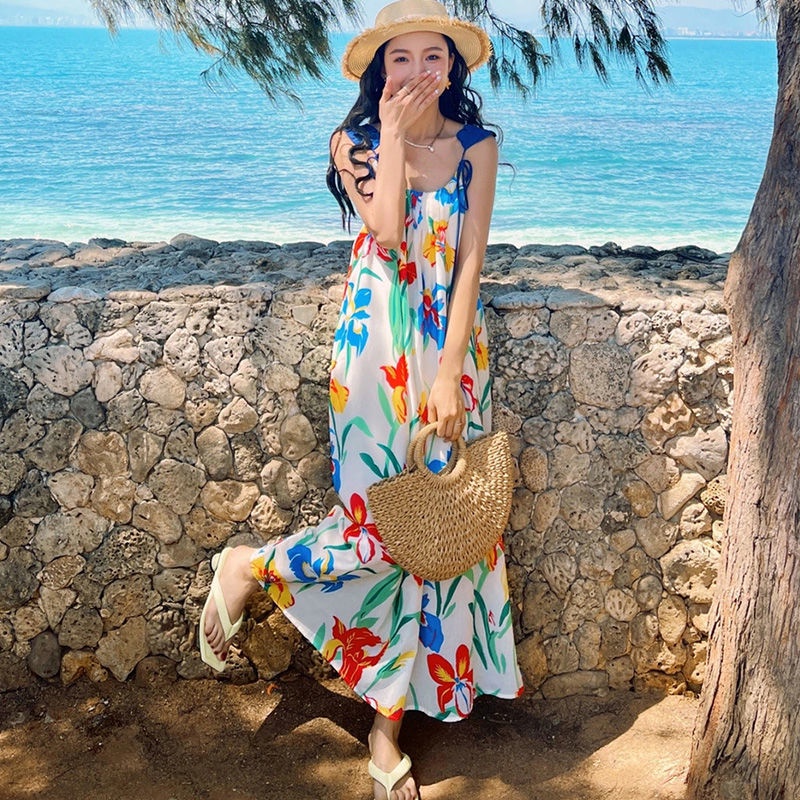 Đầm midi Hai Dây Dáng Dài Vải satin In Hoa Thời Trang Mùa Hè