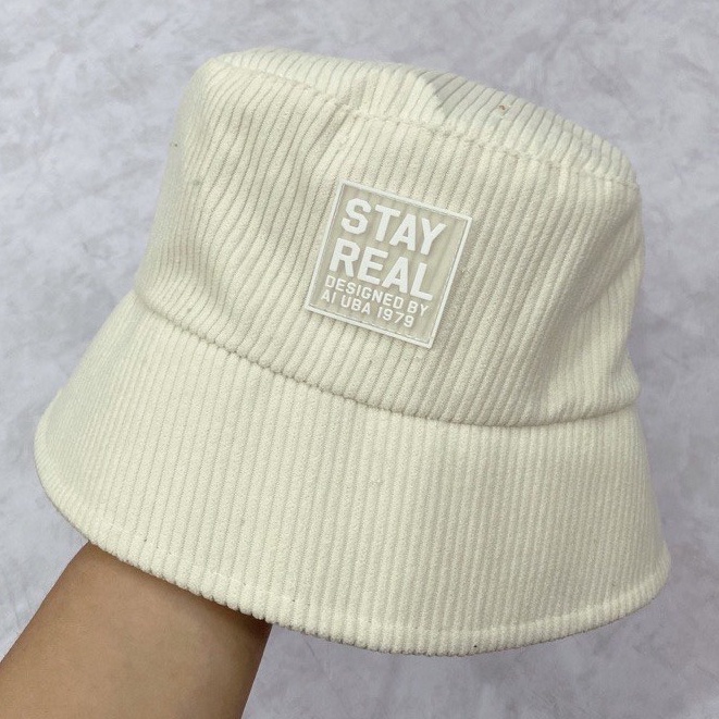 Mũ bucket vành cụp, nón tai bèo thêu tem STAY REAL chất nhung tăm cao cấp trơn nhiều màu unisex