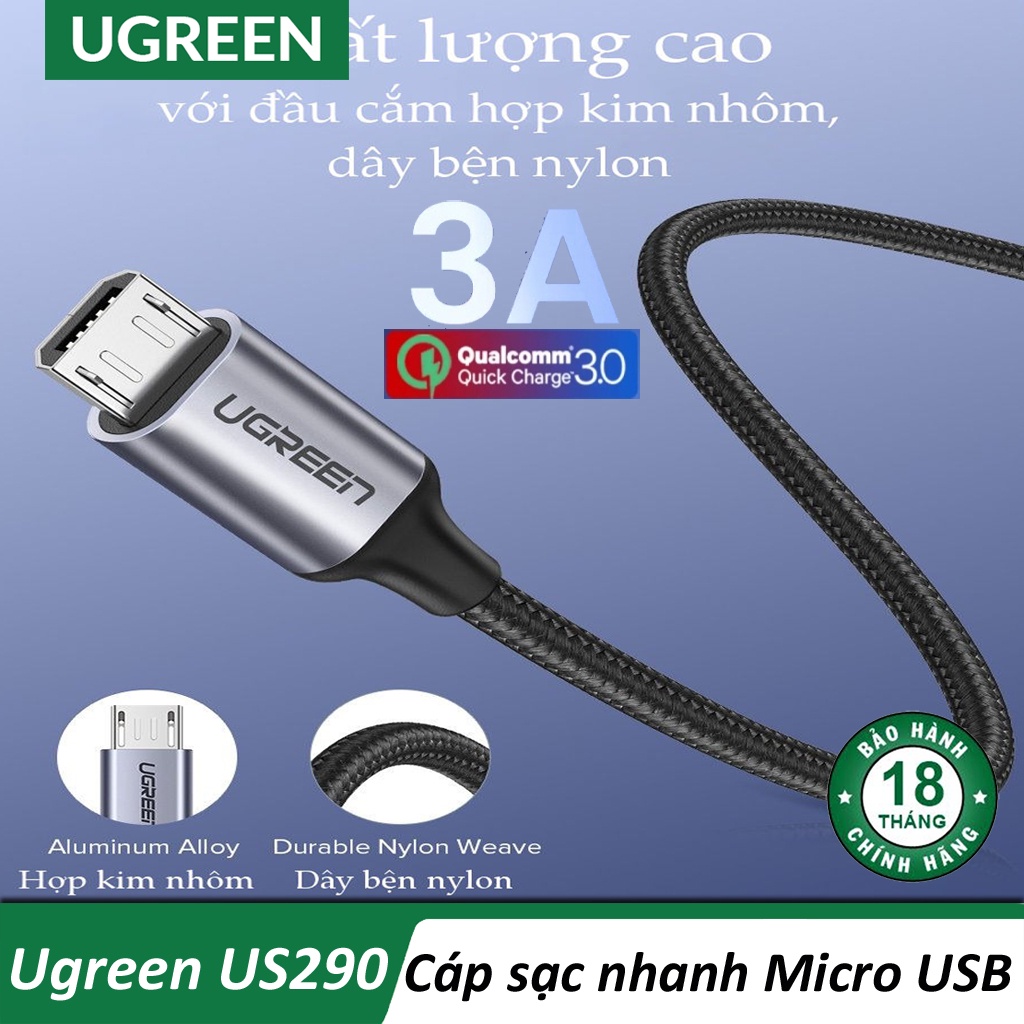 Cáp Sạc Nhanh 3A QC 3.0 Cổng Micro USB UGREEN US290 - Dây Bện Lưới BH 18T Chính Hãng