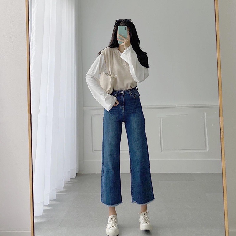 Quần Jeans Culottes Ống Rộng Lai Tua Lưng Cao 9 Tấc Xuất Xịn