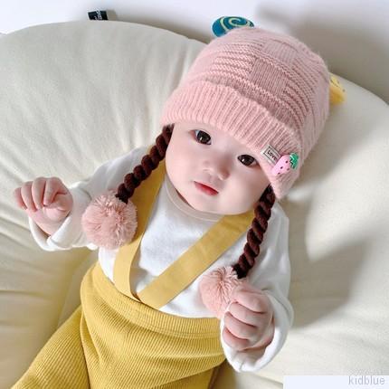 Mũ beanie dệt kim đính quả bông co giãn phong cách thu đông đáng yêu cho bé gái 0-1 tuổi